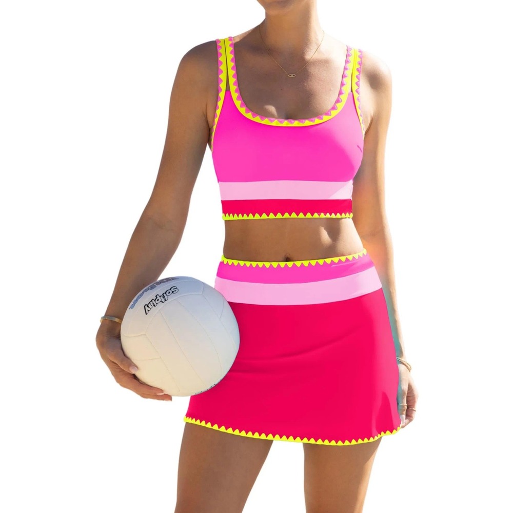 NWT Popvil 3 Pc Neon High Waist Bikini Set Tummy Control Swim Skirt Pink XL